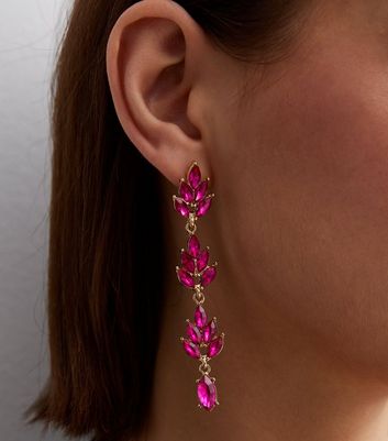 Bright Pink Gemstone Leaf Drop Earrings New Look