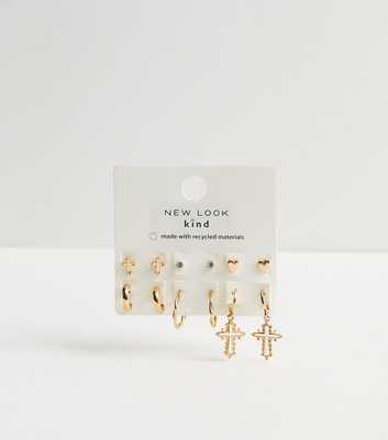 Gold 6 Pack Faux Pearl Cross Charm Earrings