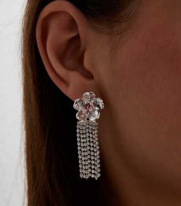 Silver Diamanté Flower Tassel Earrings