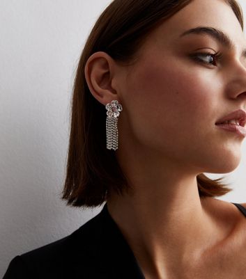 Silver Diamante Flower Tassel Earrings New Look