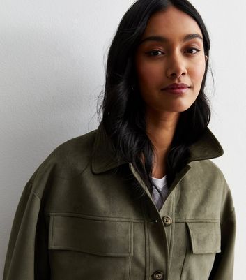 Olive Suedette Cropped Shacket New Look