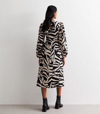 Cream Zebra Print Long Sleeve Split Hem Midi Dress New Look