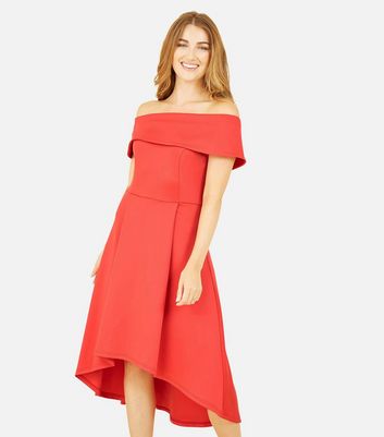 Mela Red Bardot Dip Hem Midi Dress New Look