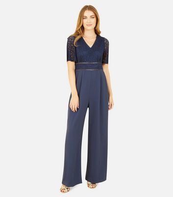 Yumi Navy Lace Trim Wide Leg Jumpsuit | New Look