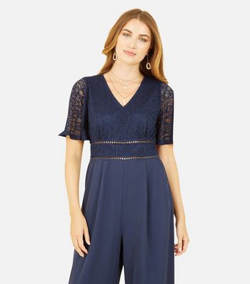 Yumi Navy Lace Trim Wide Leg Jumpsuit | New Look