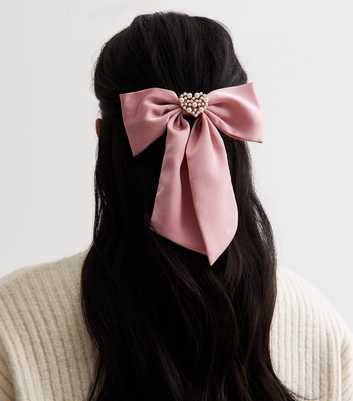 Pink Satin Faux Pearl Heart Bow Hair Slide
