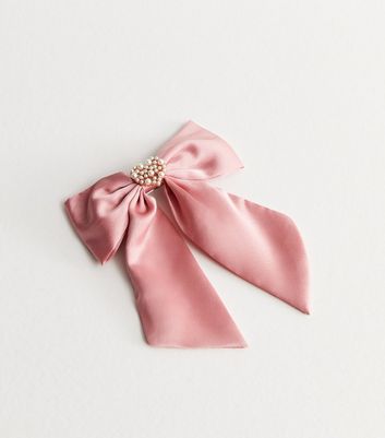 Pink Satin Faux Pearl Heart Bow Hair Slide New Look