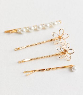 4 Pack Gold Faux Pearl Flower Hair Slides New Look