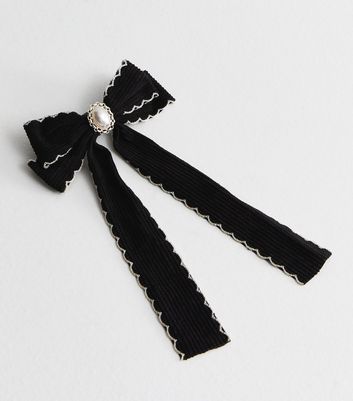 Black Ribbed Trim Faux Pearl Bow Hair Slide New Look