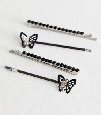 4 Pack Silver Diamante Butterfly Hair Slides New Look