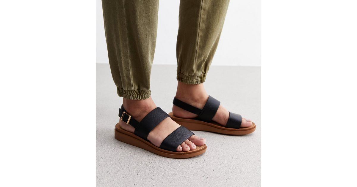 Black Leather-Look 2 Part Footbed Sandals | New Look