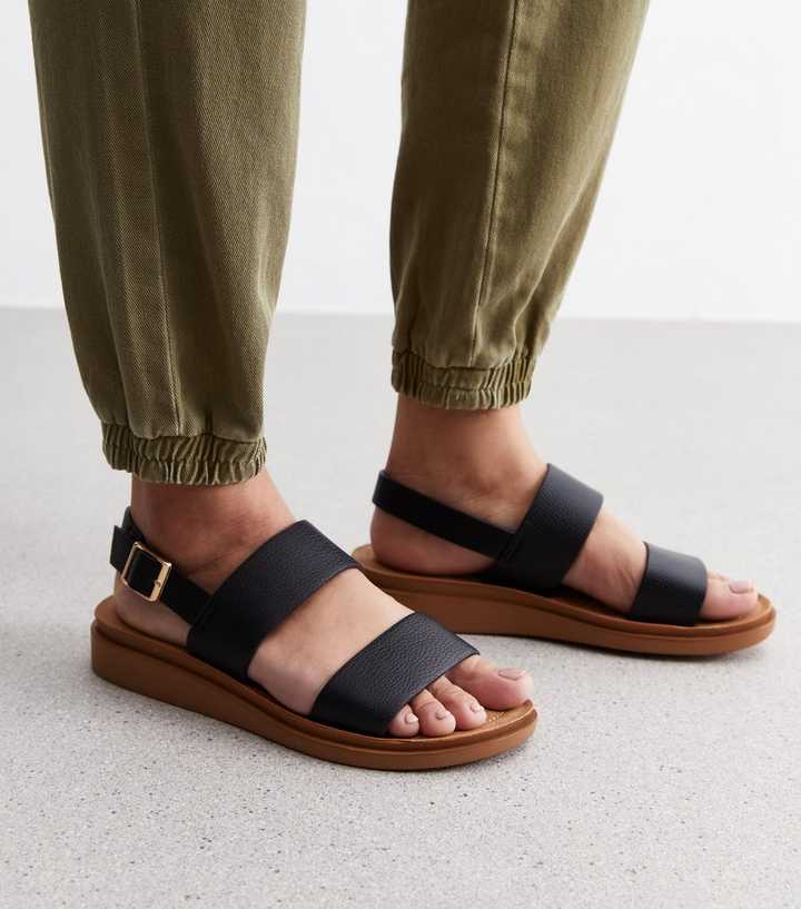 Black Leather-Look 2 Part Footbed Sandals