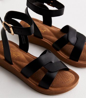Wide Fit Black Leather-Look 2 Part Footbed Sandals New Look
