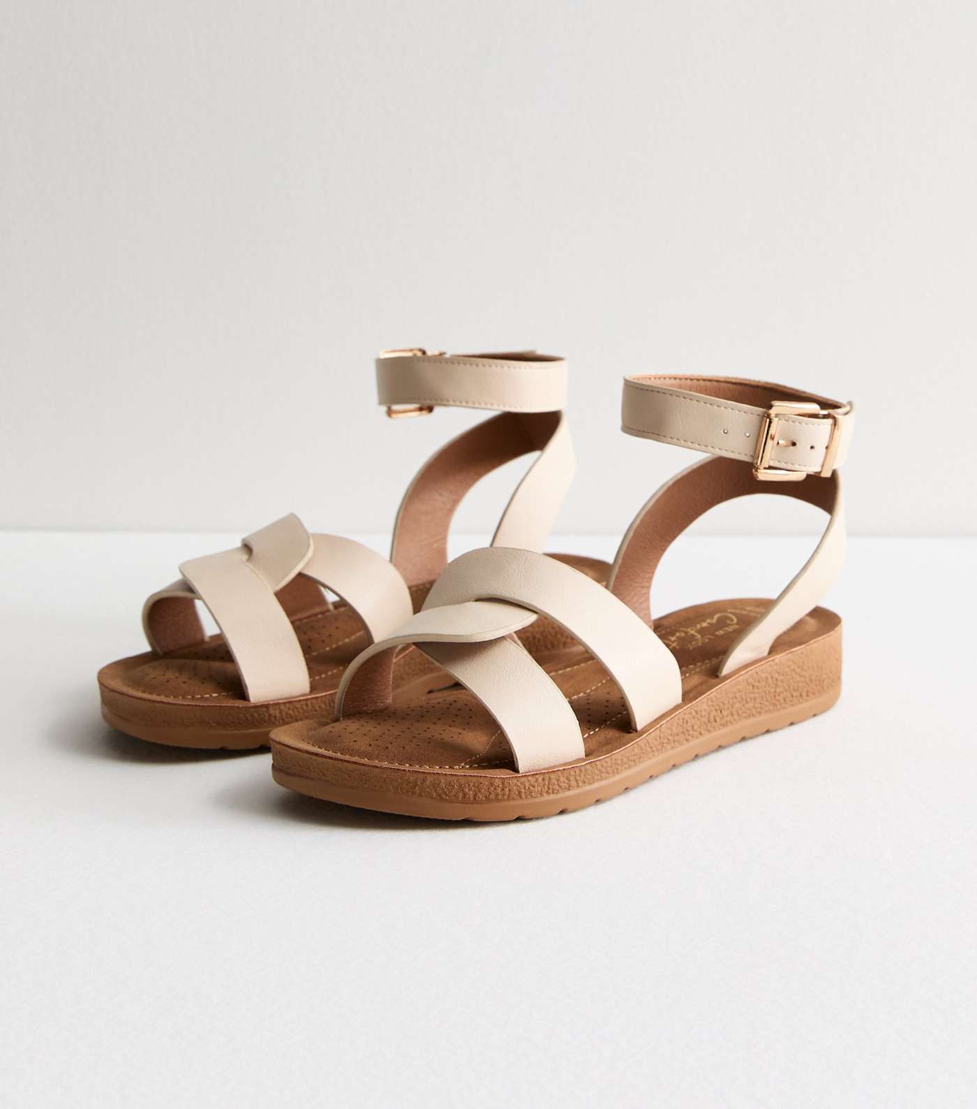 Wide Fit Off White Leather-Look 2 Part Footbed Sandals Image 2