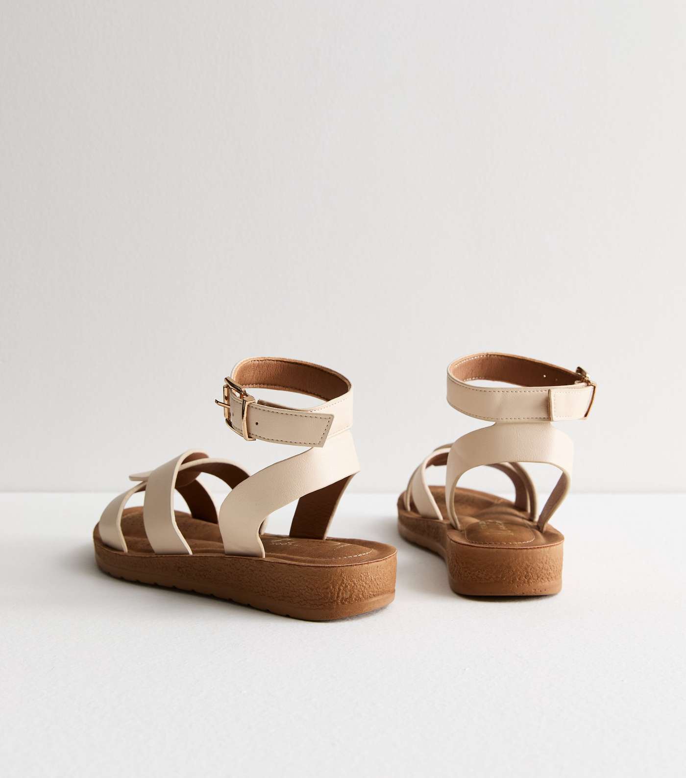 Wide Fit Off White Leather-Look 2 Part Footbed Sandals Image 4