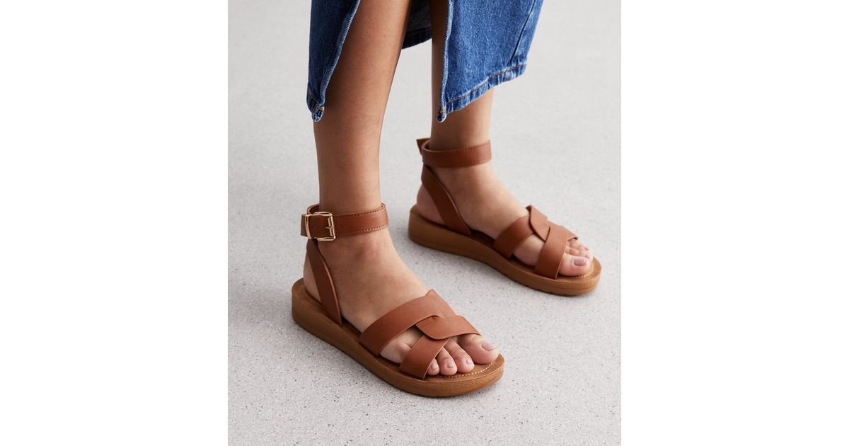 Wide Fit Tan Leather-Look 2 Part Footbed Sandals | New Look