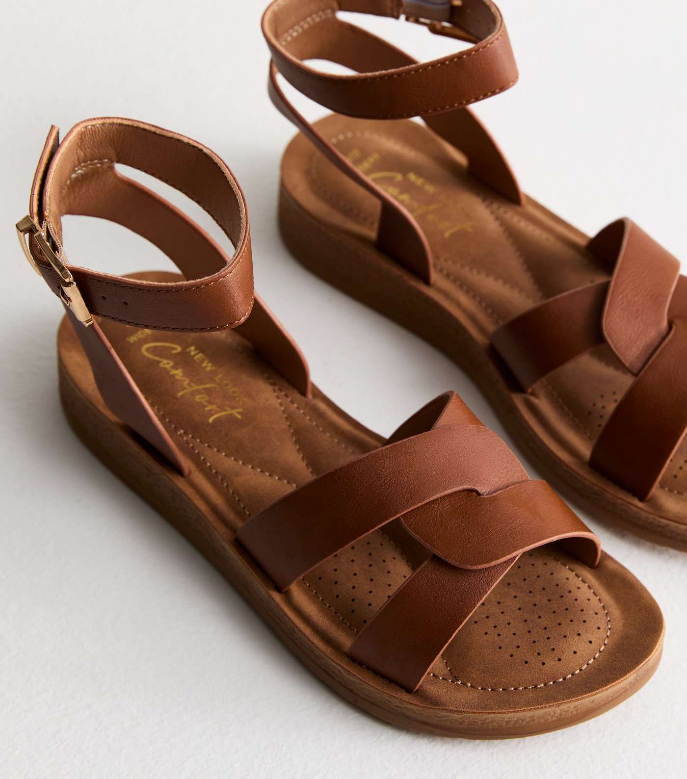 Wide Fit Tan Leather-Look 2 Part Footbed Sandals Image 5