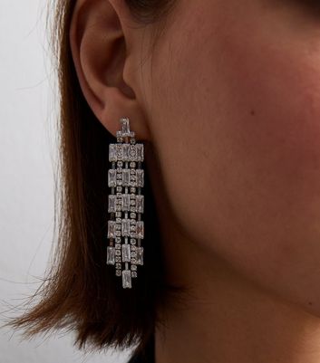 Crystal Diamante Baguette Tassel Earrings New Look
