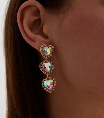 Multicoloured Diamante Heart Drop Earrings New Look
