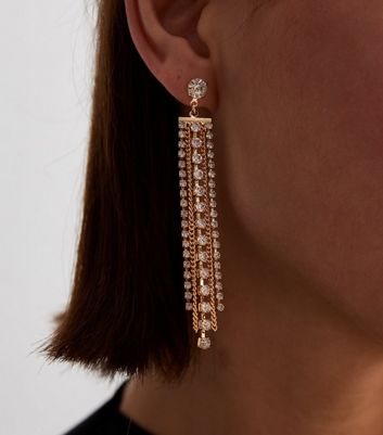 Gold Diamante and Chain Tassel Drop Earrings New Look