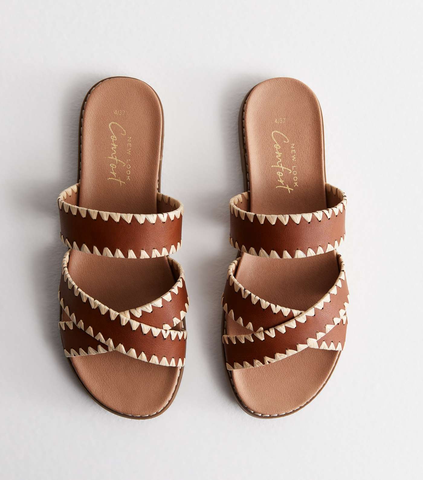 Tan Leather-Look Stitch Cross Over Sliders