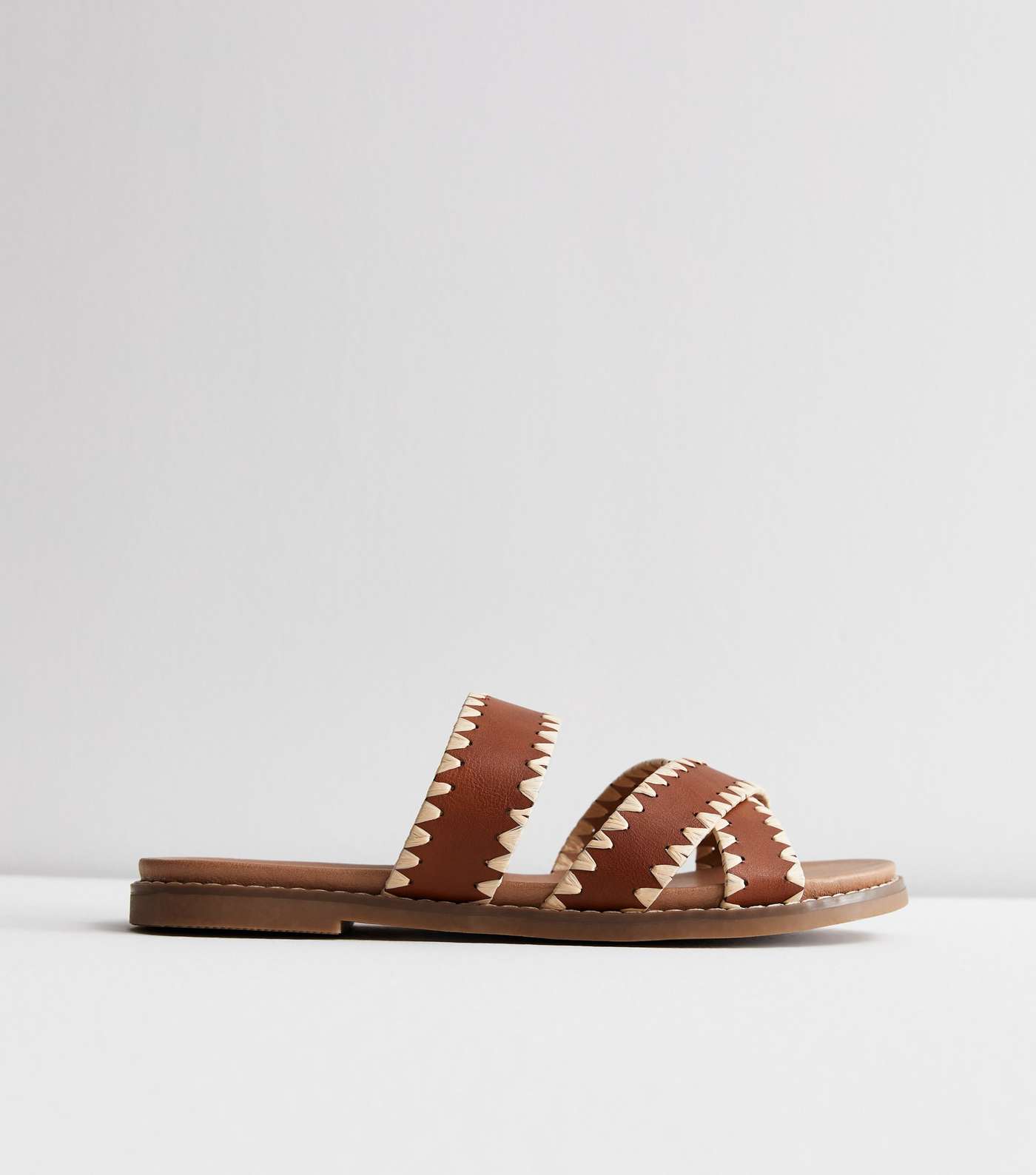 Tan Leather-Look Stitch Cross Over Sliders Image 3