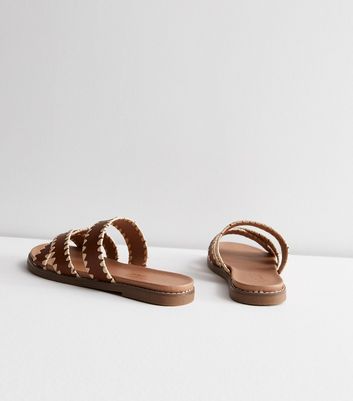 Tan Leather-Look Stitch Cross Over Sliders New Look