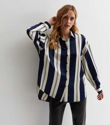 Blue Pattern Striped High Low Satin Shirt