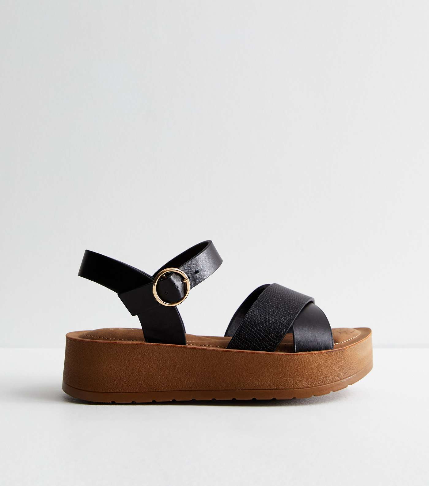 Wide Fit Black Cross Strap Flatform Sandals Image 2