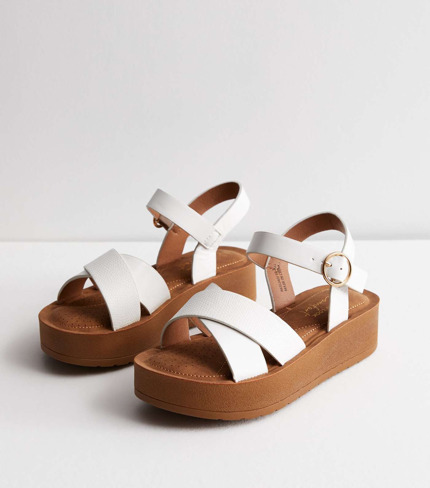 Wide Fit White Leather-Look Flatform Sandals Image 3