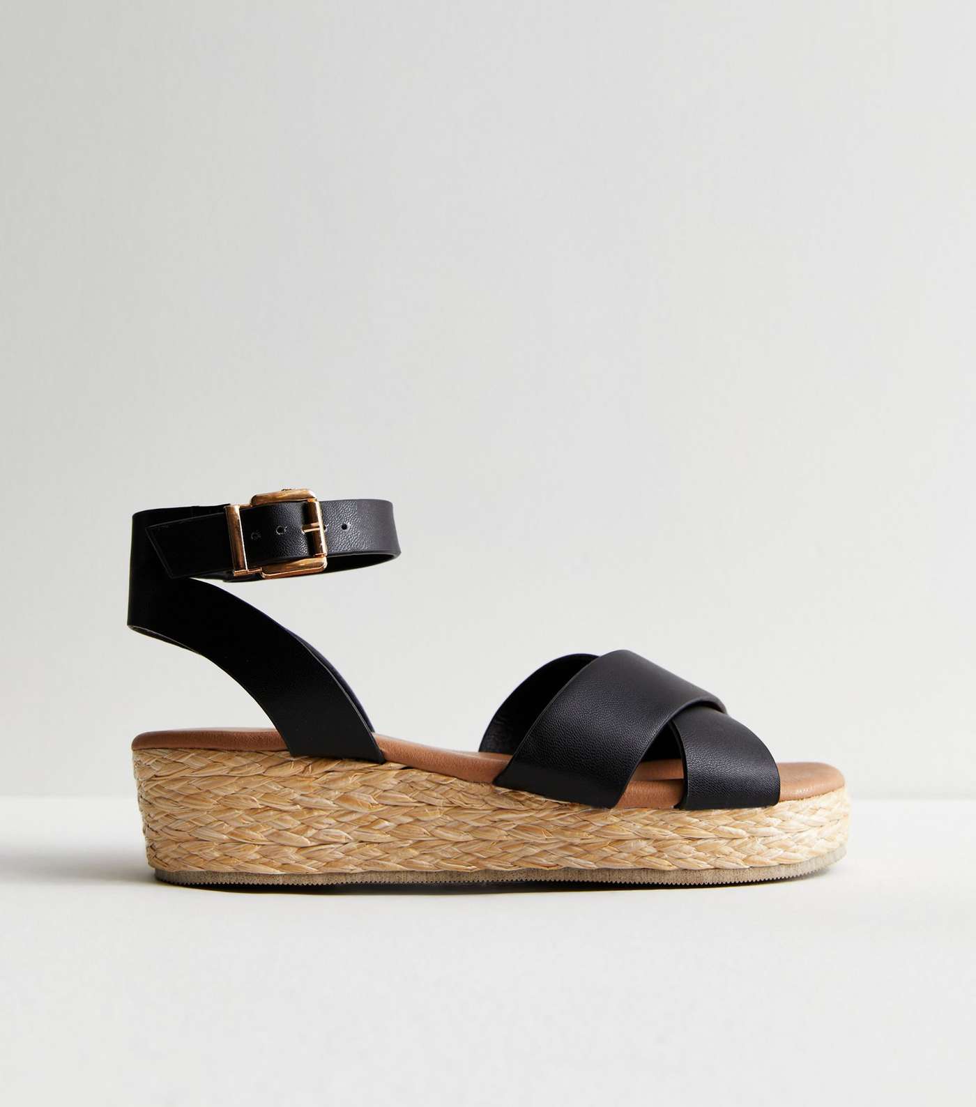 Black Leather-Look 2 Part Flatform Espadrille Sandals Image 2