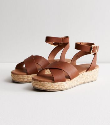 Tan Leather-Look 2 Part Flatform Espadrille Sandals New Look