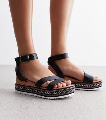 Black Leather Look Embellished Flatform Sandals New Look