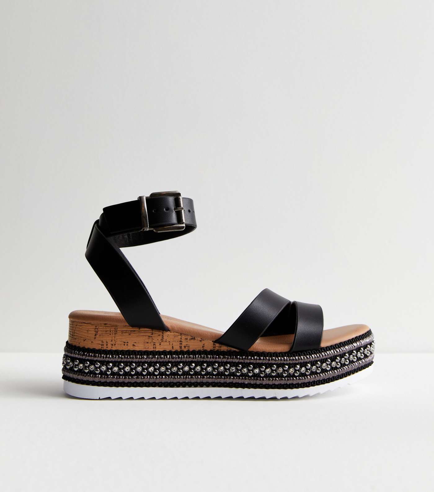 Black Leather-Look Embellished Flatform Sandals Image 2