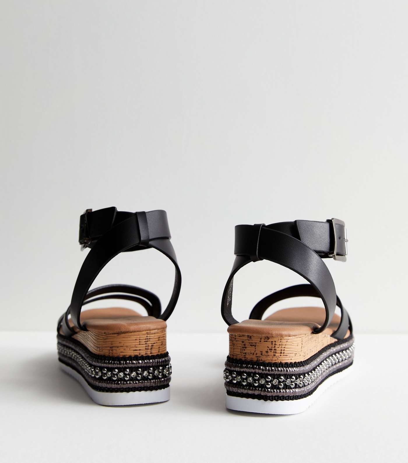 Black Leather-Look Embellished Flatform Sandals Image 4