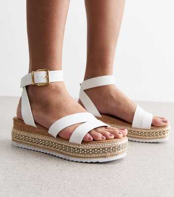 White Leather-Look Stud Espadrille Wedge Sandals