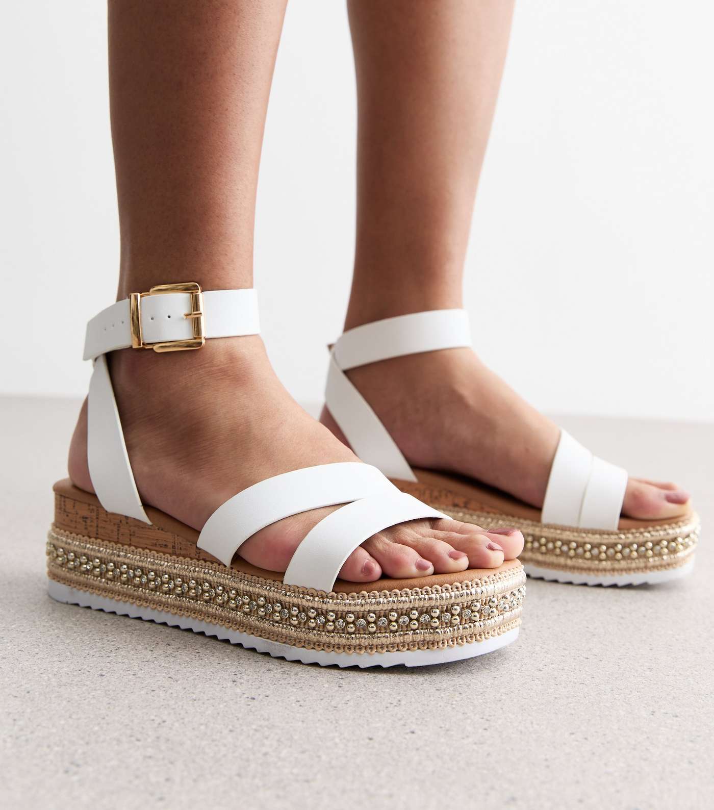 White Leather-Look Embellished Flatform Sandals