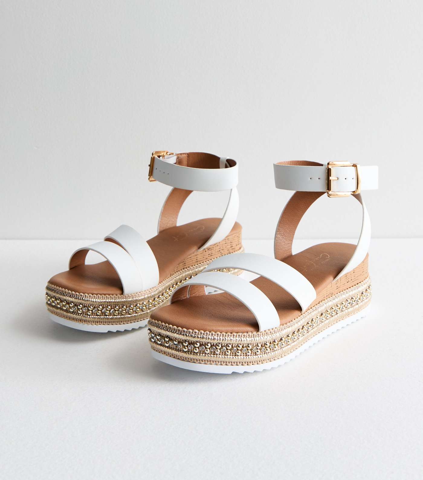 White Leather-Look Embellished Flatform Sandals Image 3