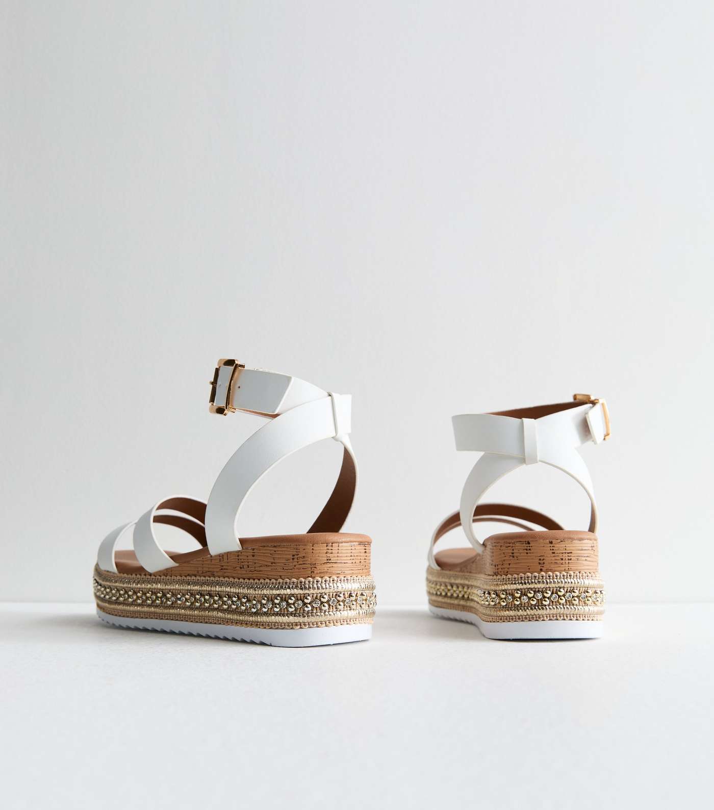 White Leather-Look Embellished Flatform Sandals Image 5