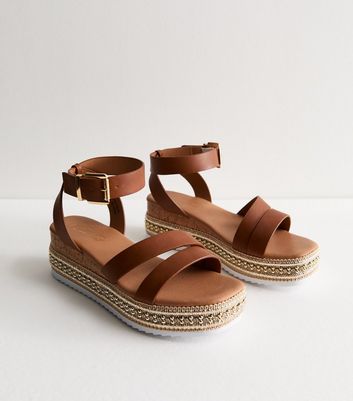 Tan Leather-Look Embellished Flatform Sandals New Look