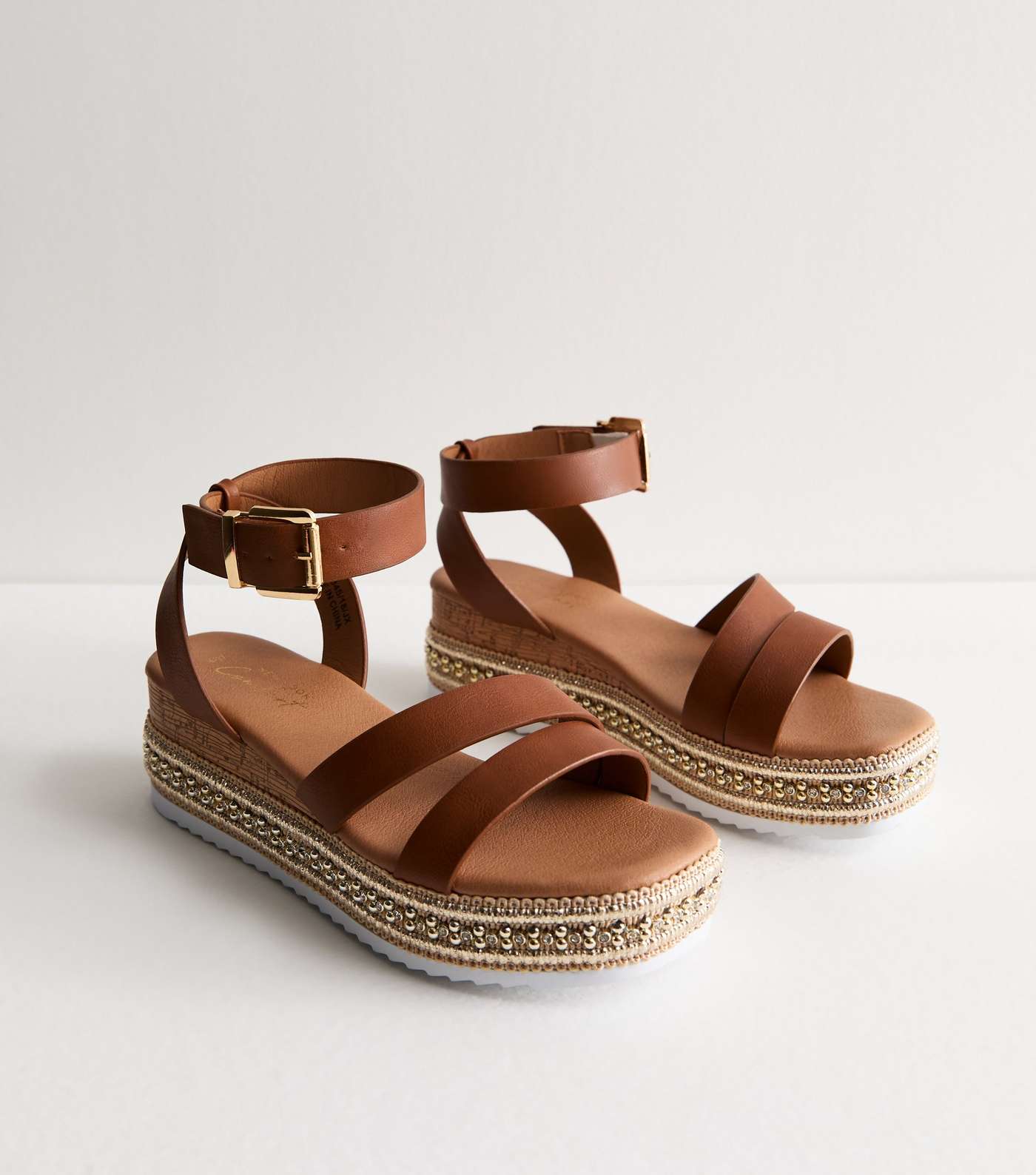 Tan Leather-Look Embellished Flatform Sandals Image 3