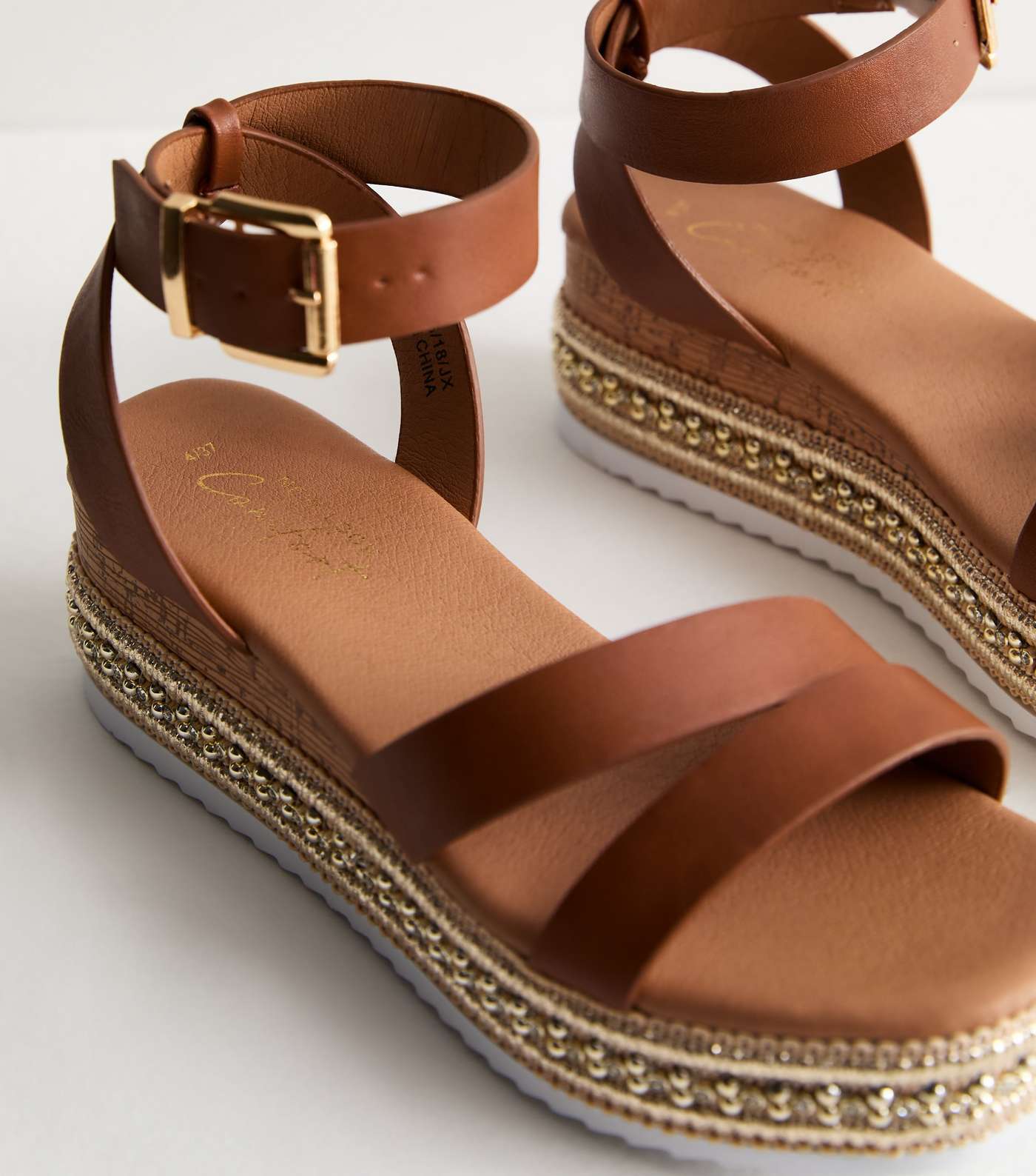 Tan Leather-Look Embellished Flatform Sandals Image 5
