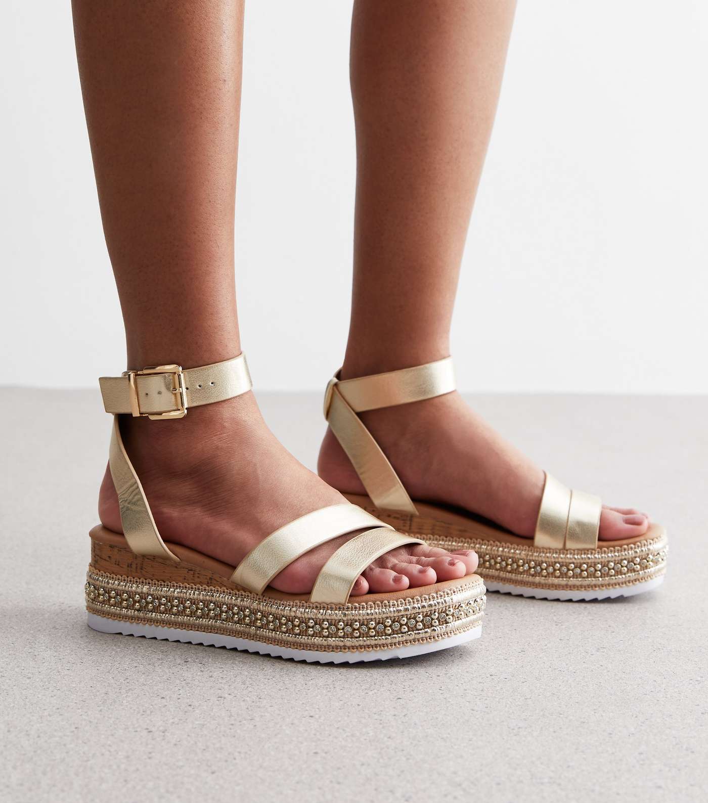 Gold Leather-Look Embellished Flatform Sandals Image 2