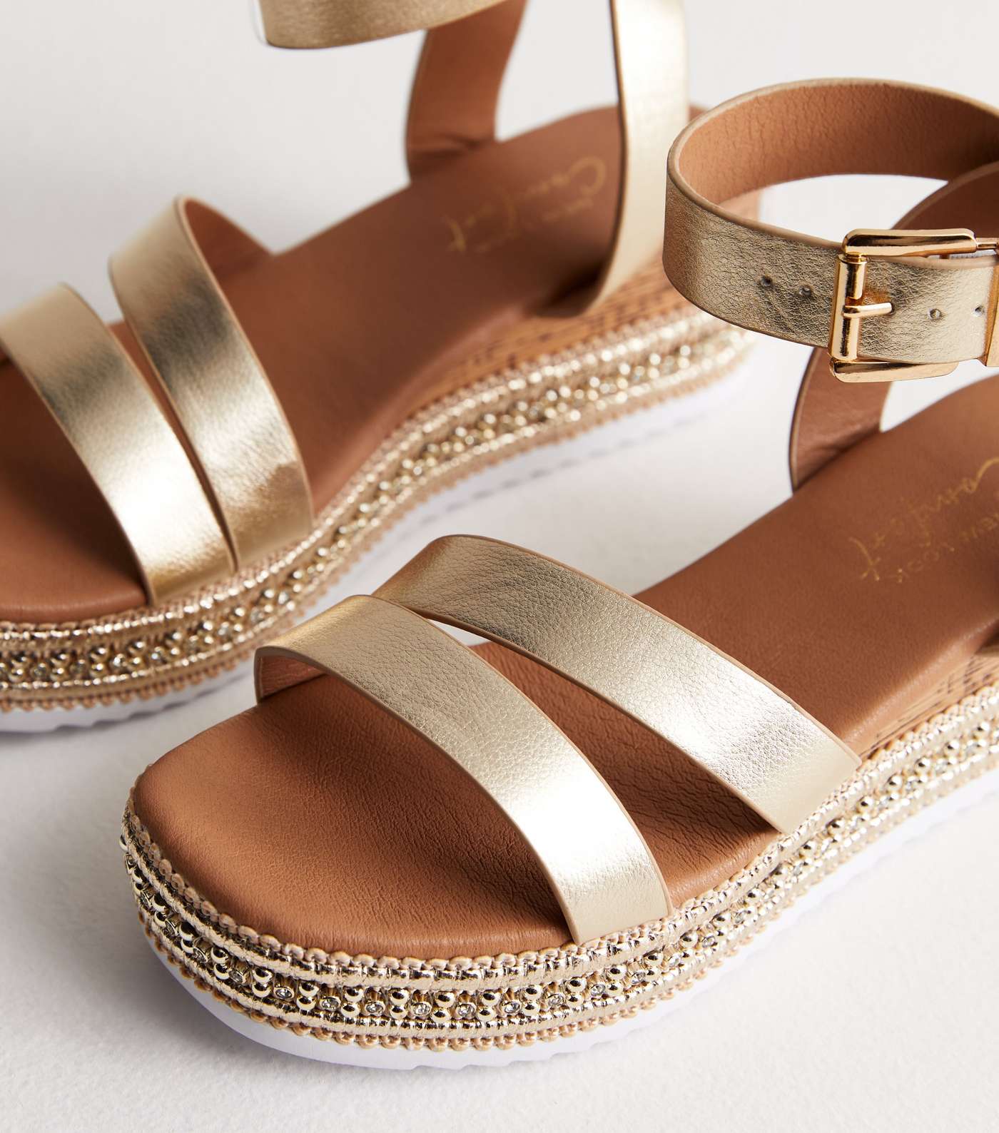Gold Leather-Look Embellished Flatform Sandals Image 4