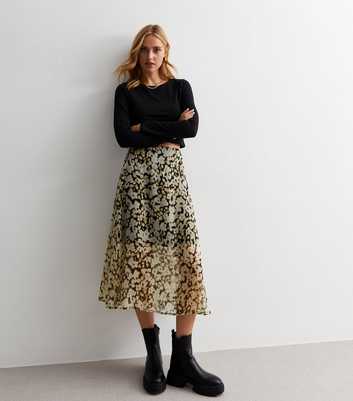 Black Floral Chiffon Midi Skirt