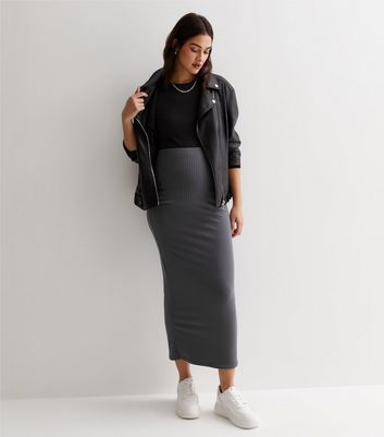 Maternity Dark Grey Ribbed Bodycon Midi Skirt