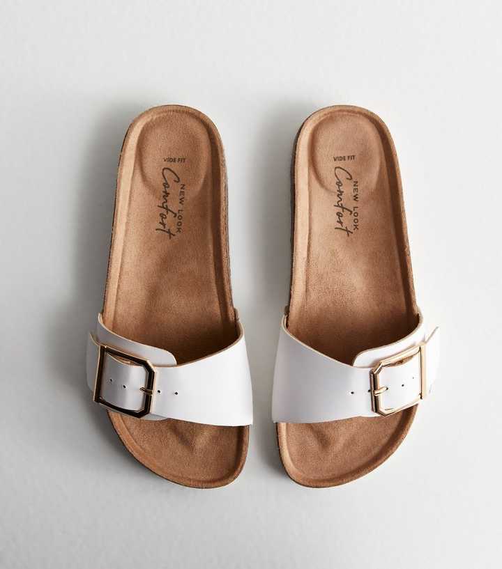 Wide Fit White Leather-Look Buckle Sliders