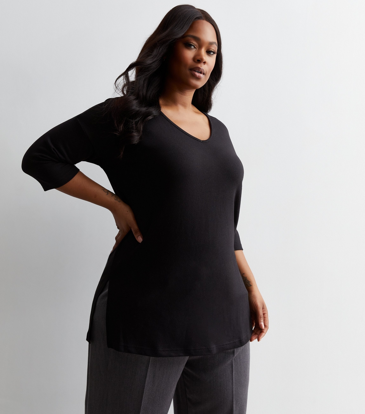 Women's Plus Size Black Fine Knit V Neck Top Curves New Look
