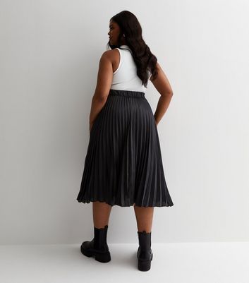 Curves Black Satin Pleated Midi Skirt New Look