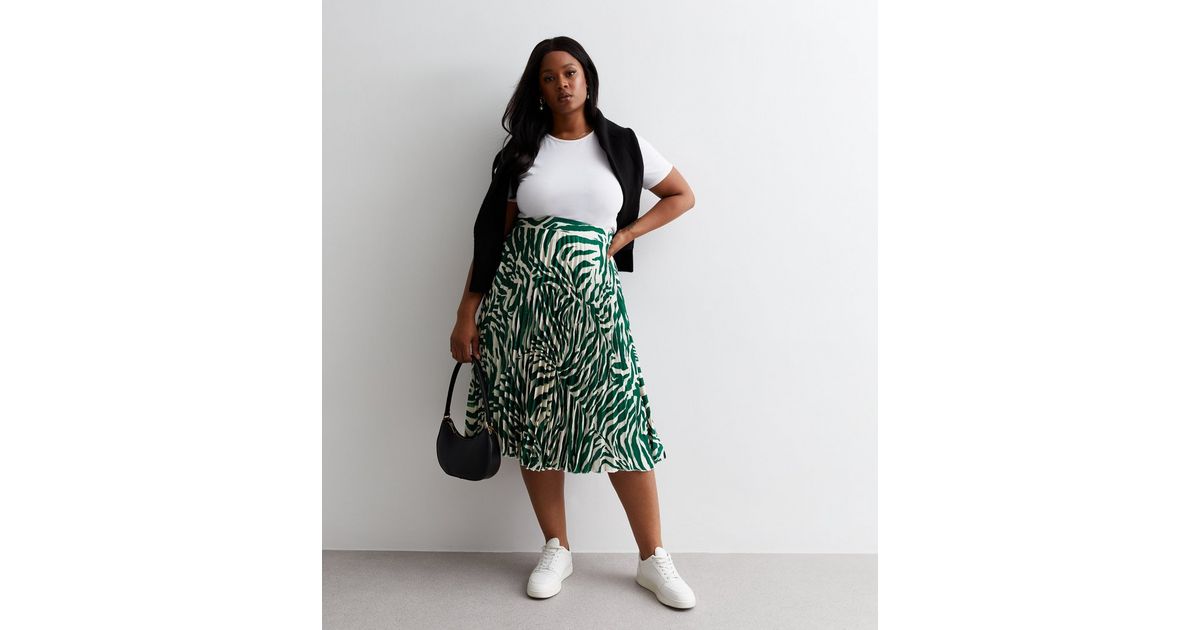 Animal Print Pleated Midi Skirt Quiz Curves Green Animal Print